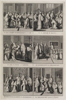 KG 11848
<br/>
Catholiques: On donne L'HABIT ECCLESIASTIQUE (...) Les RELIGIEUSES reçoivent le VOILE.
<br/>
<em>Picart, Bernard (1673-1733)</em>